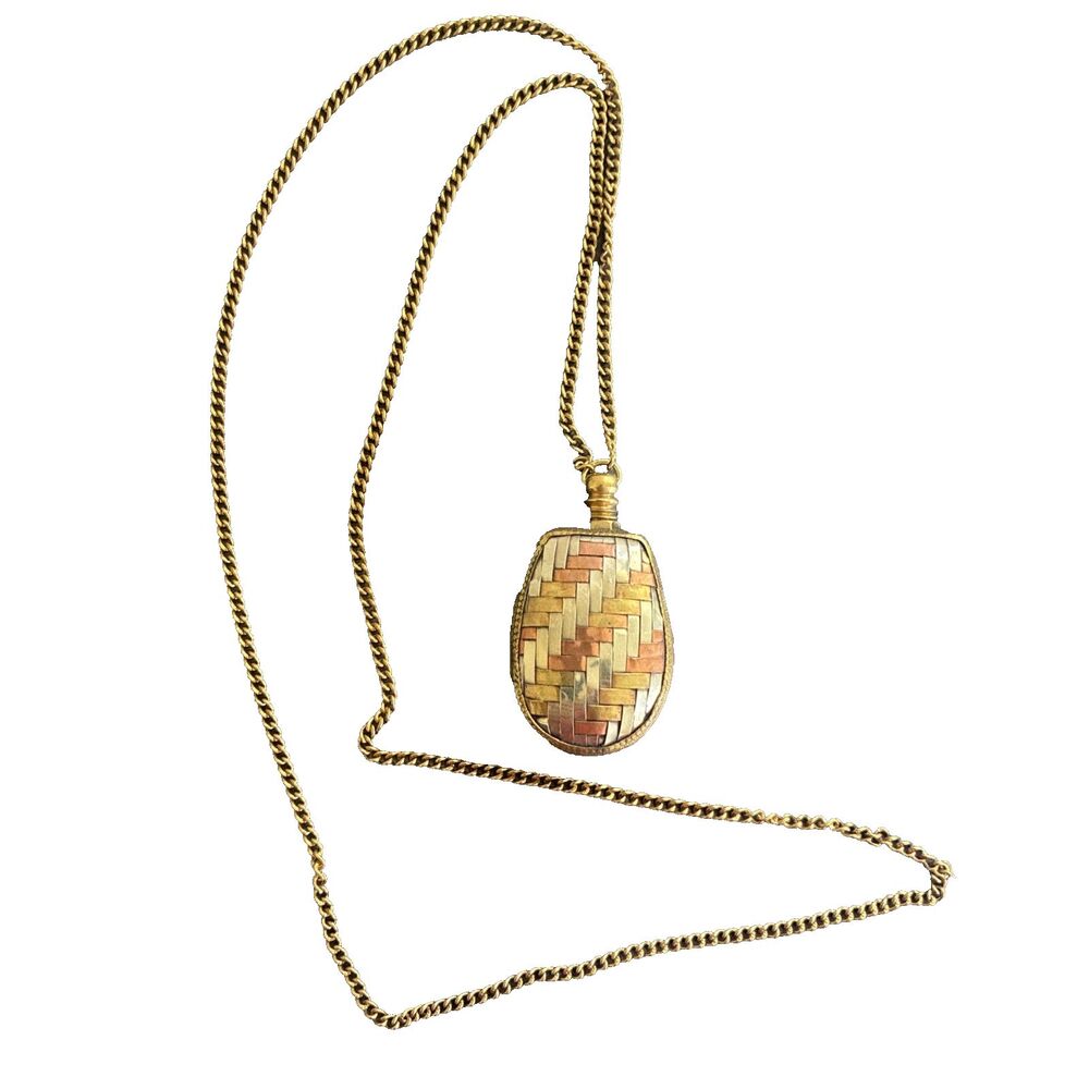 Vintage Perfume Bottle Necklace Pendant Chatelaine Woven Mixed Metal Flask 1.6oz